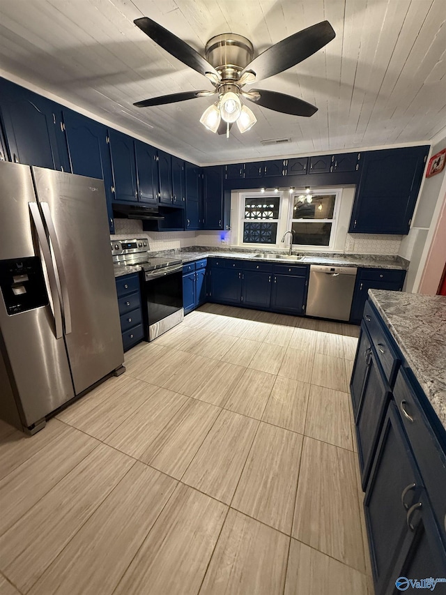 kitchen with blue cabinets, a sink, stainless steel appliances, decorative backsplash, and ceiling fan