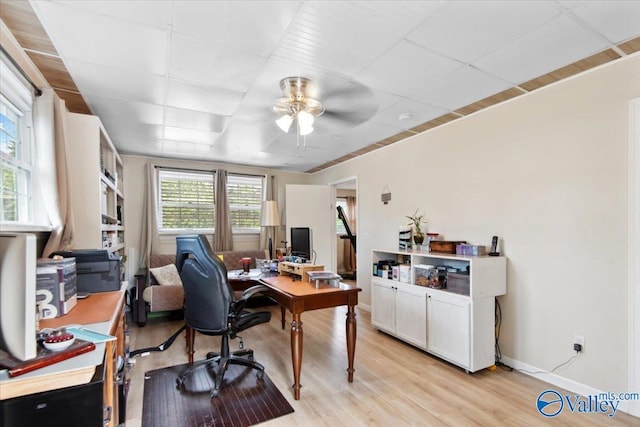6304 Cedar Point Dr, Huntsville, AL 35810 - office area featuring ceiling fan, light wood-style flooring, and baseboards