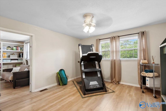 6304 Cedar Point Dr, Huntsville, AL 35810 - workout area featuring light wood-type flooring, a ceiling fan, and baseboards