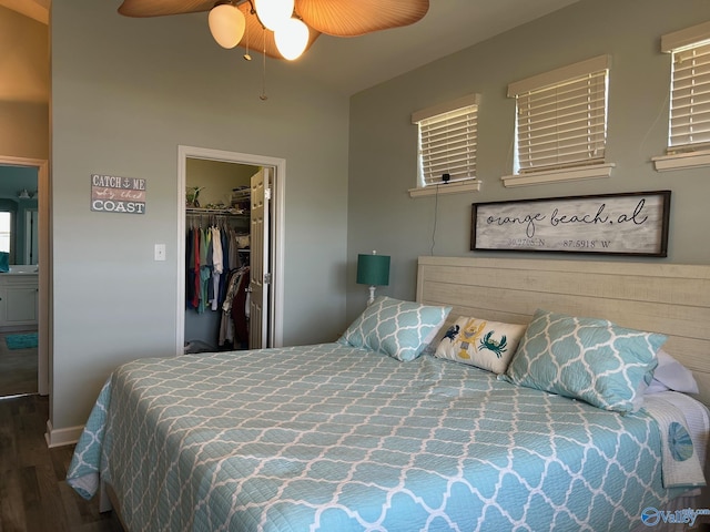 bedroom featuring a ceiling fan, wood finished floors, a closet, baseboards, and a spacious closet