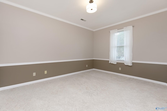 spare room with ornamental molding and carpet