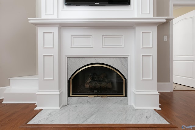 interior details with hardwood / wood-style floors and a high end fireplace