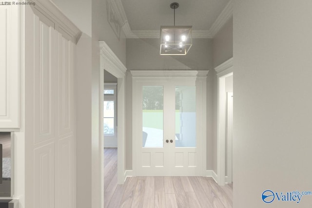 entryway with french doors, light hardwood / wood-style floors, and ornamental molding