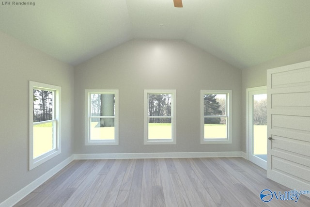 unfurnished room featuring light wood-type flooring, lofted ceiling, ceiling fan, and a healthy amount of sunlight