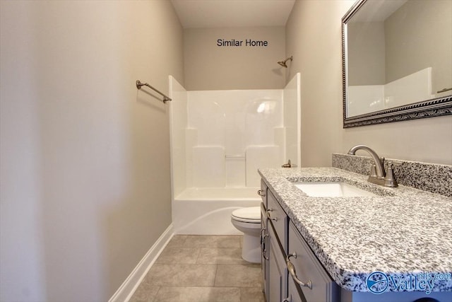 full bathroom with toilet, shower / bathing tub combination, vanity, and tile patterned floors