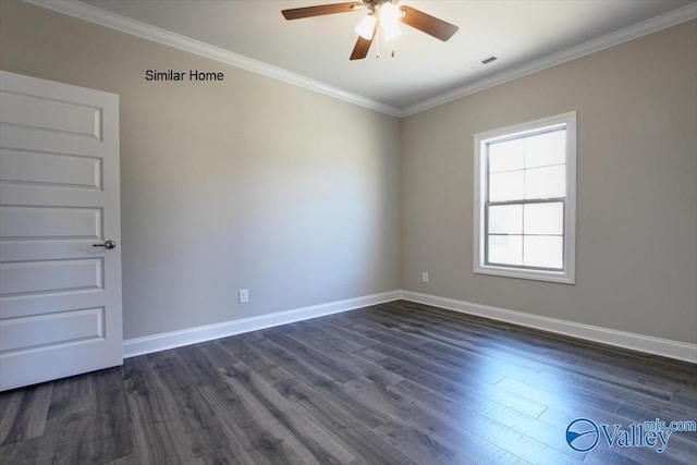 empty room with crown molding, ceiling fan, and dark hardwood / wood-style floors