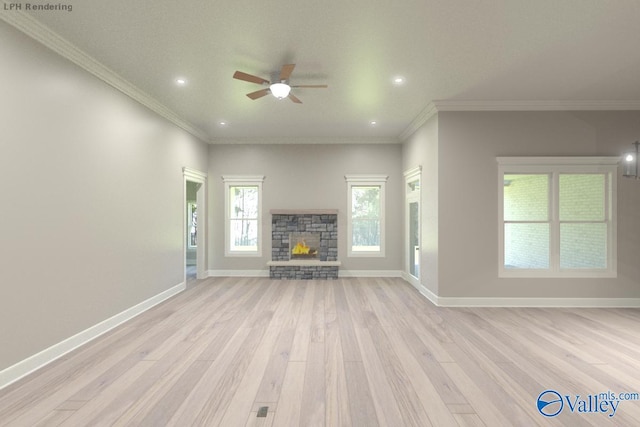 unfurnished living room with a fireplace, light hardwood / wood-style flooring, ceiling fan, and crown molding