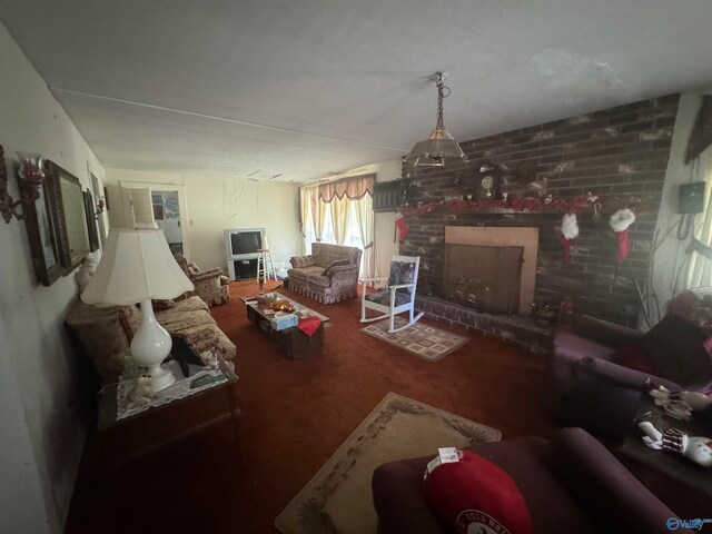 carpeted living room featuring a fireplace