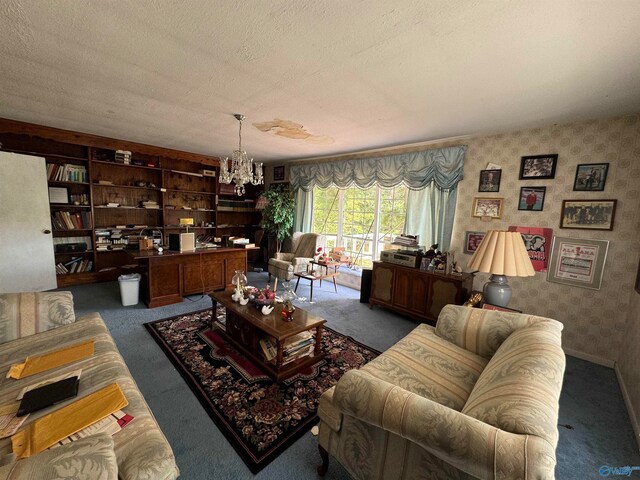 carpeted living room featuring a textured ceiling and a chandelier