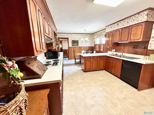 kitchen with kitchen peninsula, pendant lighting, black dishwasher, white electric cooktop, and light tile patterned floors