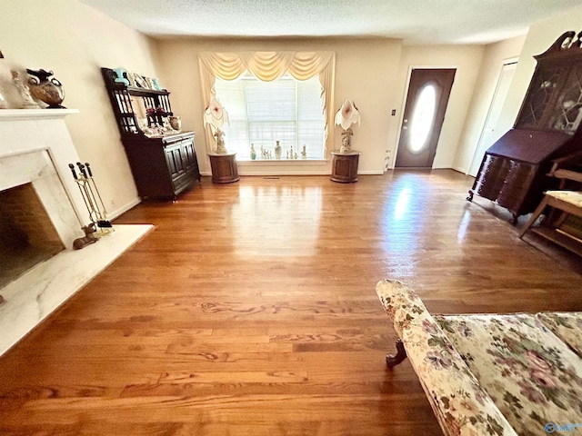 living room with a fireplace and wood-type flooring