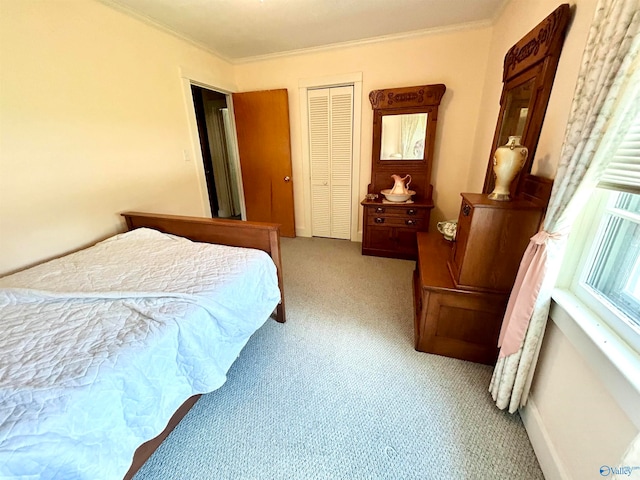 bedroom with carpet flooring, a closet, and ornamental molding