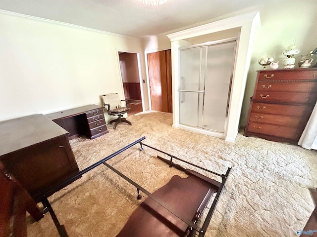 bedroom with light carpet, a closet, and ornamental molding