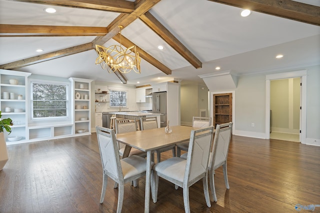 dining room featuring an inviting chandelier, dark wood-type flooring, and lofted ceiling with beams