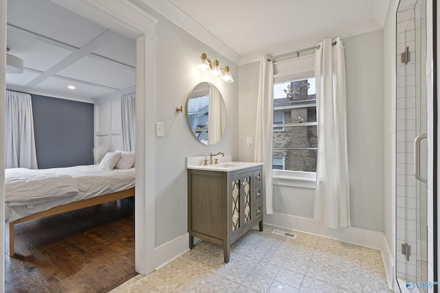 bathroom featuring crown molding, vanity, and walk in shower