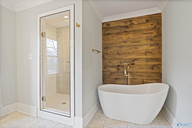 bathroom featuring ornamental molding, tile patterned floors, and independent shower and bath