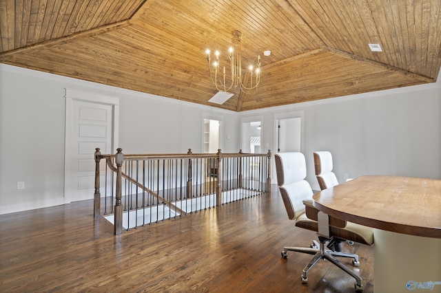 office with an inviting chandelier, dark wood-type flooring, wooden ceiling, and vaulted ceiling