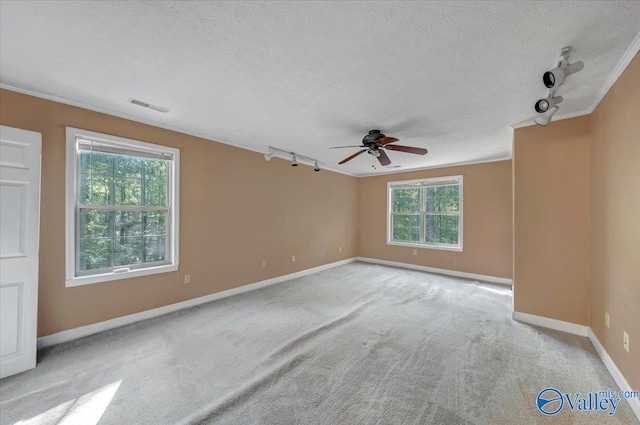 unfurnished room with ceiling fan, a textured ceiling, a wealth of natural light, and ornamental molding