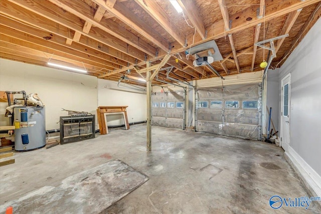 garage with a garage door opener and water heater