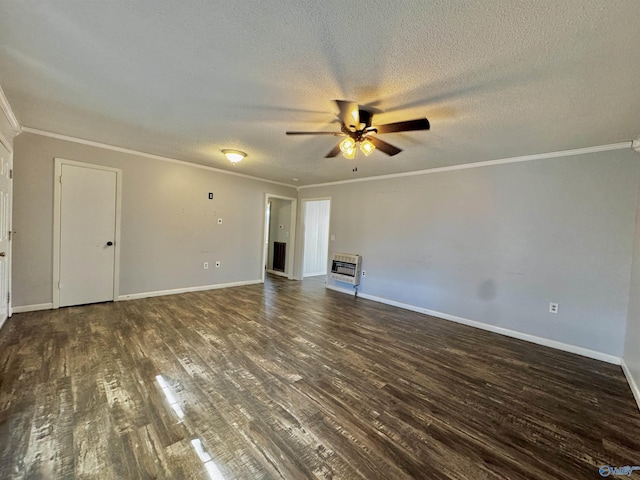 unfurnished living room featuring heating unit, crown molding, a textured ceiling, dark hardwood / wood-style flooring, and ceiling fan