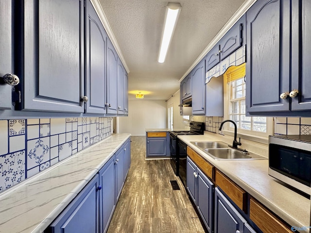 kitchen featuring tasteful backsplash, sink, black appliances, and blue cabinetry