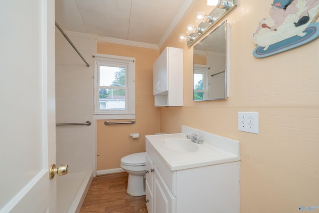 2116 Virginia Blvd NW, Huntsville, AL 35811 - bathroom with ornamental molding, vanity, wood finished floors, and a shower