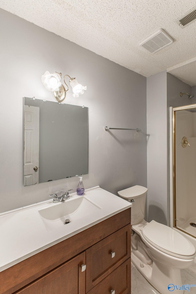 full bathroom featuring visible vents, a textured ceiling, a stall shower, and toilet