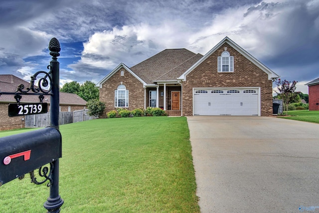 view of front facade with a front yard, fence, driveway, and brick siding