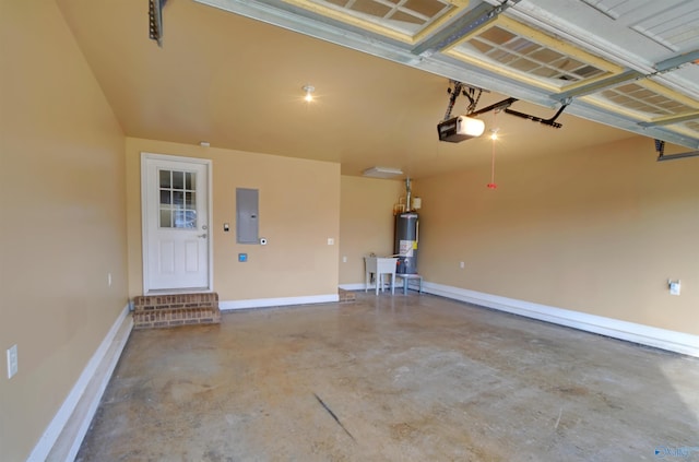 garage with gas water heater, a garage door opener, electric panel, and baseboards