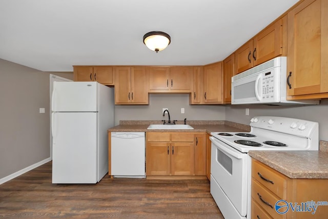 kitchen featuring white appliances, dark hardwood / wood-style floors, and sink