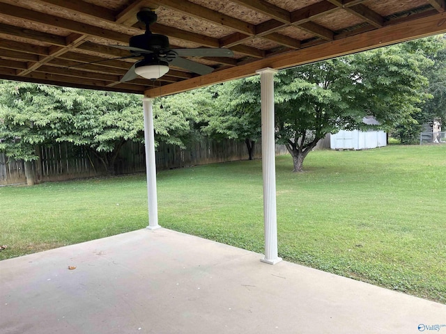 view of patio / terrace with a fenced backyard and a ceiling fan