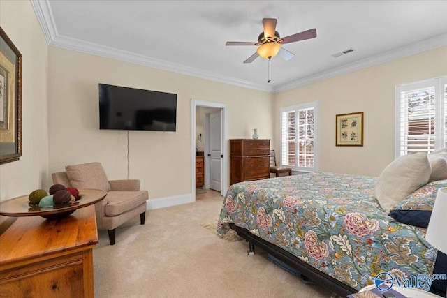 bedroom featuring crown molding, light colored carpet, visible vents, a ceiling fan, and baseboards