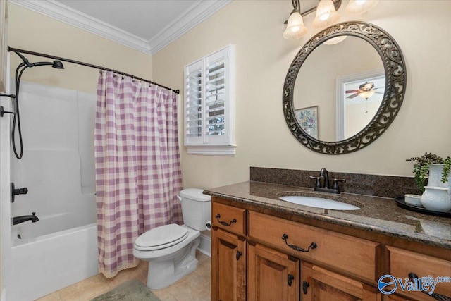 full bath with shower / bathtub combination with curtain, toilet, ornamental molding, vanity, and tile patterned floors