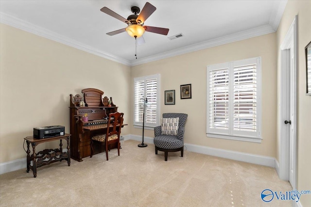 sitting room featuring ornamental molding, visible vents, light carpet, and baseboards