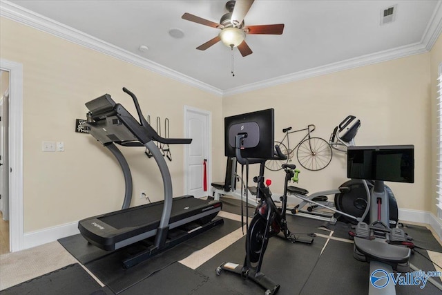 exercise room with baseboards, visible vents, and ornamental molding