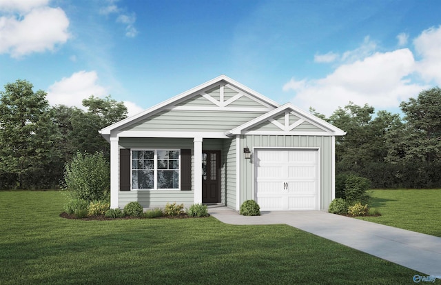 view of front of house with a garage, driveway, board and batten siding, and a front yard