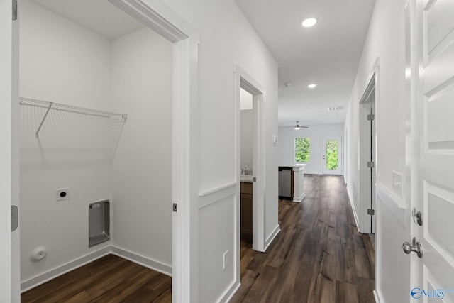 clothes washing area with laundry area, visible vents, dark wood finished floors, electric dryer hookup, and recessed lighting