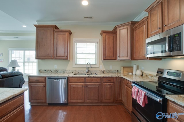 kitchen with a wealth of natural light, appliances with stainless steel finishes, sink, and dark hardwood / wood-style floors