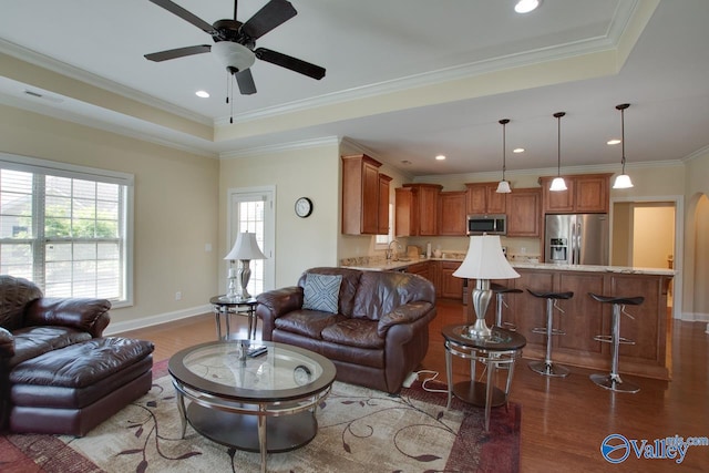 living room with wood-type flooring, sink, ornamental molding, ceiling fan, and a tray ceiling