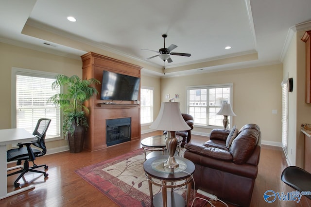 living room with a fireplace, a healthy amount of sunlight, light wood-type flooring, and a tray ceiling