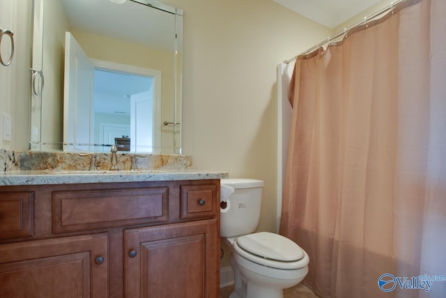 bathroom with vanity, toilet, and a shower with shower curtain