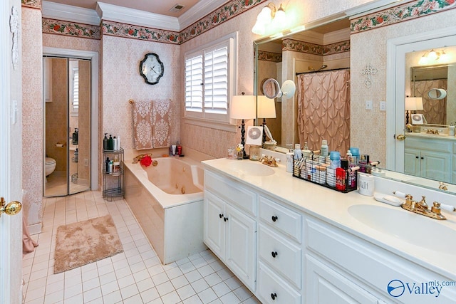 bathroom with a sink and wallpapered walls