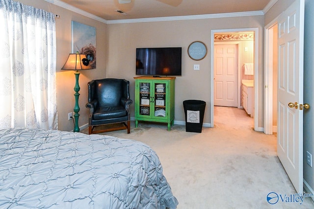 bedroom with baseboards, carpet flooring, visible vents, and crown molding