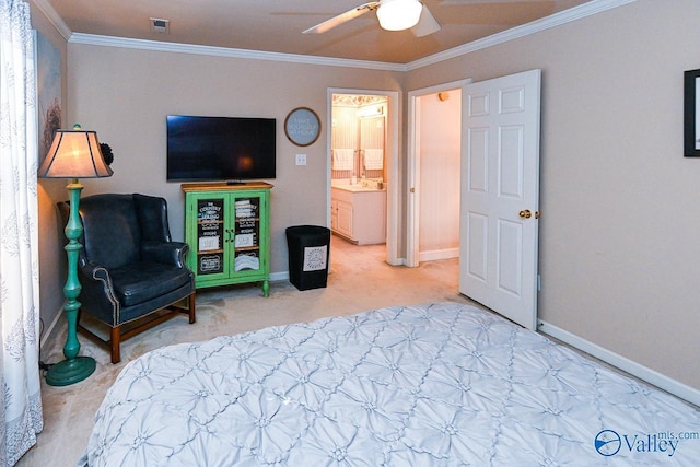 living area with carpet floors, crown molding, visible vents, a ceiling fan, and baseboards