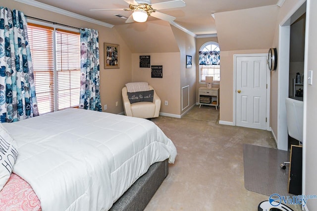 carpeted bedroom featuring ornamental molding, multiple windows, visible vents, and baseboards