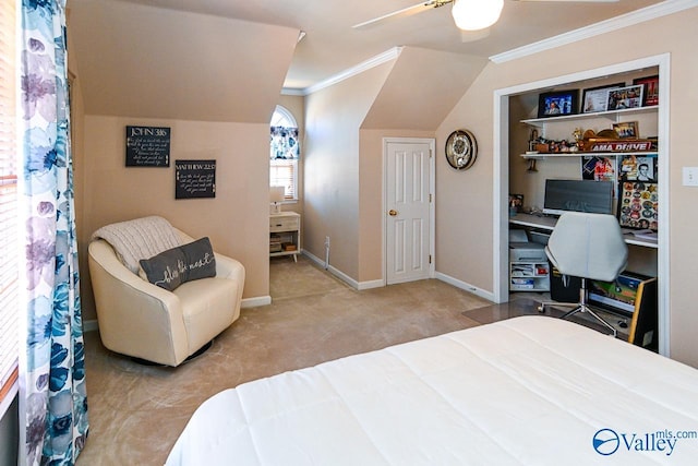 carpeted bedroom with ornamental molding, a ceiling fan, and baseboards