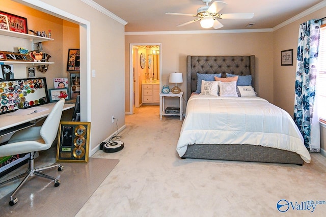 carpeted bedroom featuring baseboards, ceiling fan, visible vents, and crown molding