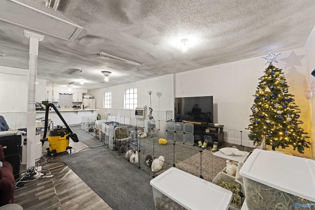 living room with a textured ceiling