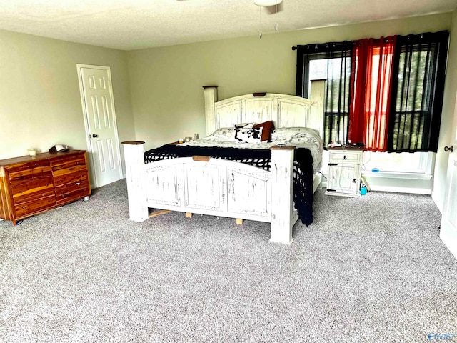 bedroom featuring light carpet, multiple windows, and a textured ceiling