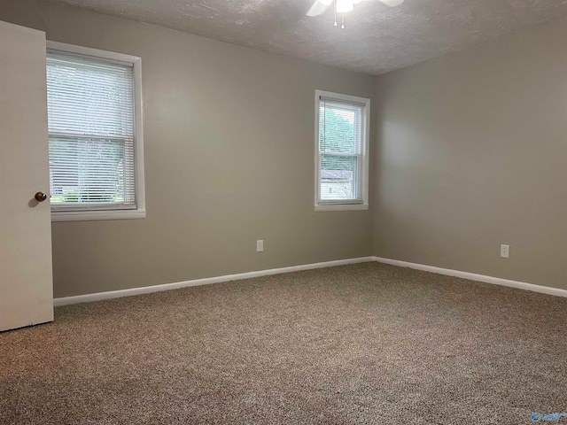 empty room featuring a textured ceiling, ceiling fan, and carpet floors